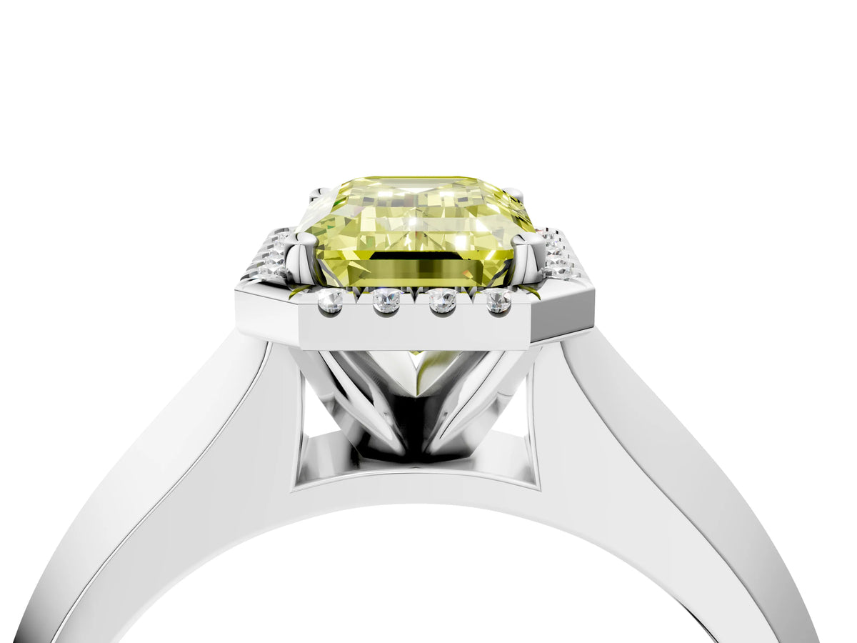 Fancy Yellow Emerald Cut Diamond Halo Ring in White gold with Cathedral Band and Prong Setting_4