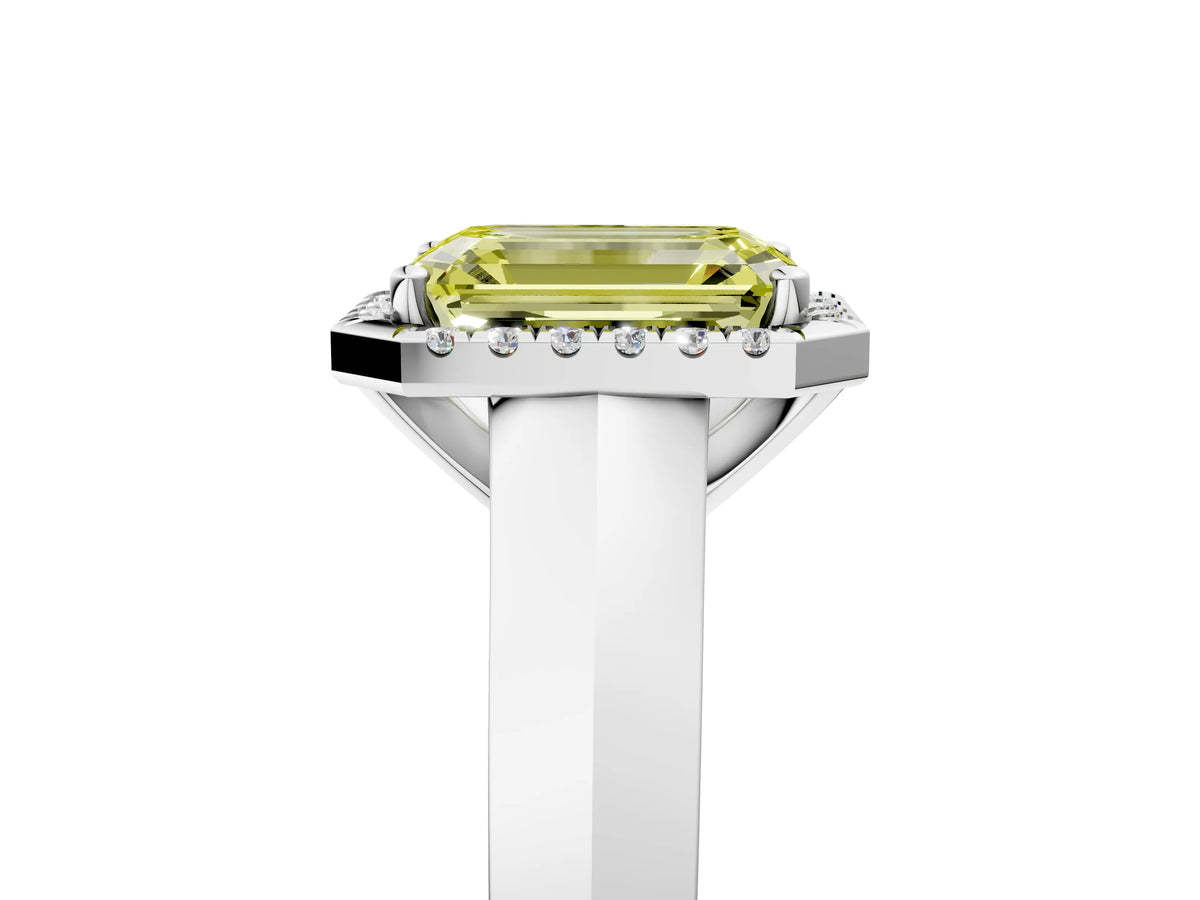 Fancy Yellow Emerald Cut Diamond Halo Ring in White gold with Cathedral Band and Prong Setting_5