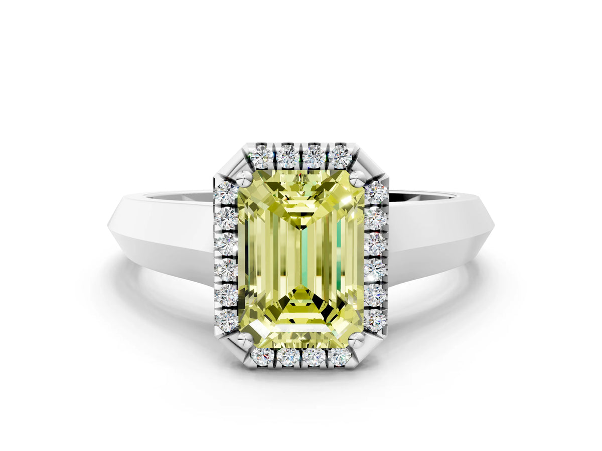Fancy Yellow Emerald Cut Diamond Halo Ring in White gold with Cathedral Band and Prong Setting