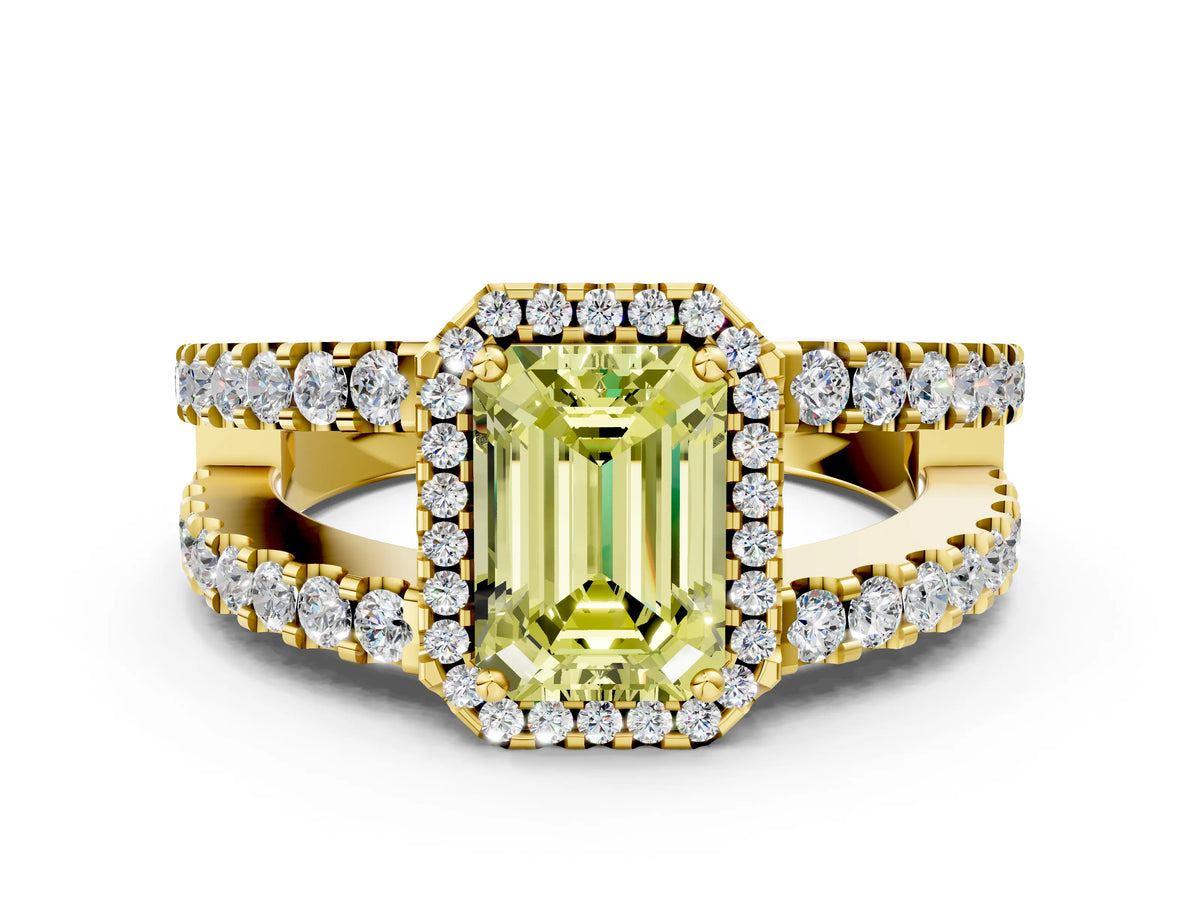 Fancy Yellow Emerald Cut Diamond Halo Ring in Yellow gold with Split Shank Band and Prong Setting