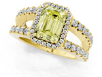 Fancy Yellow Emerald Cut Diamond Halo Ring in Yellow gold with Split Shank Band and Prong Setting_1