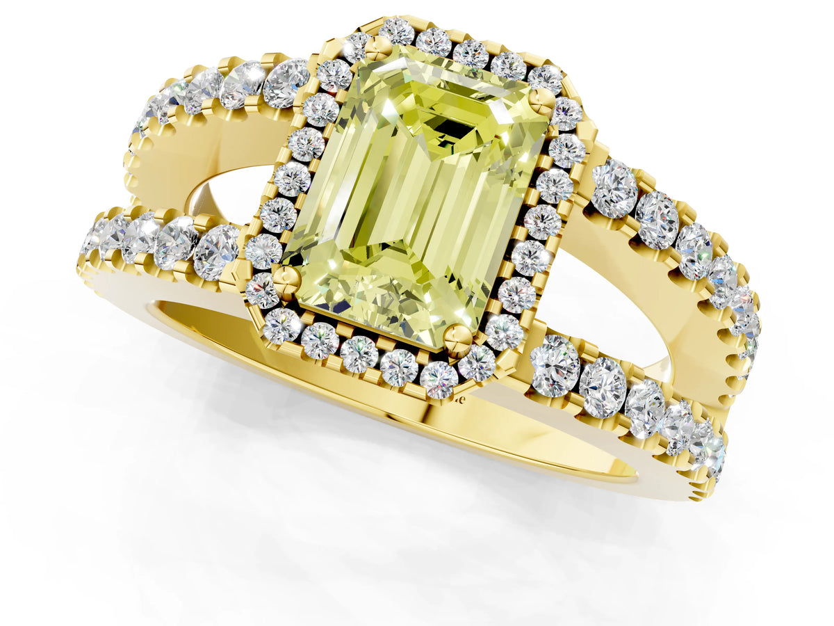 Fancy Yellow Emerald Cut Diamond Halo Ring in Yellow gold with Split Shank Band and Prong Setting_1