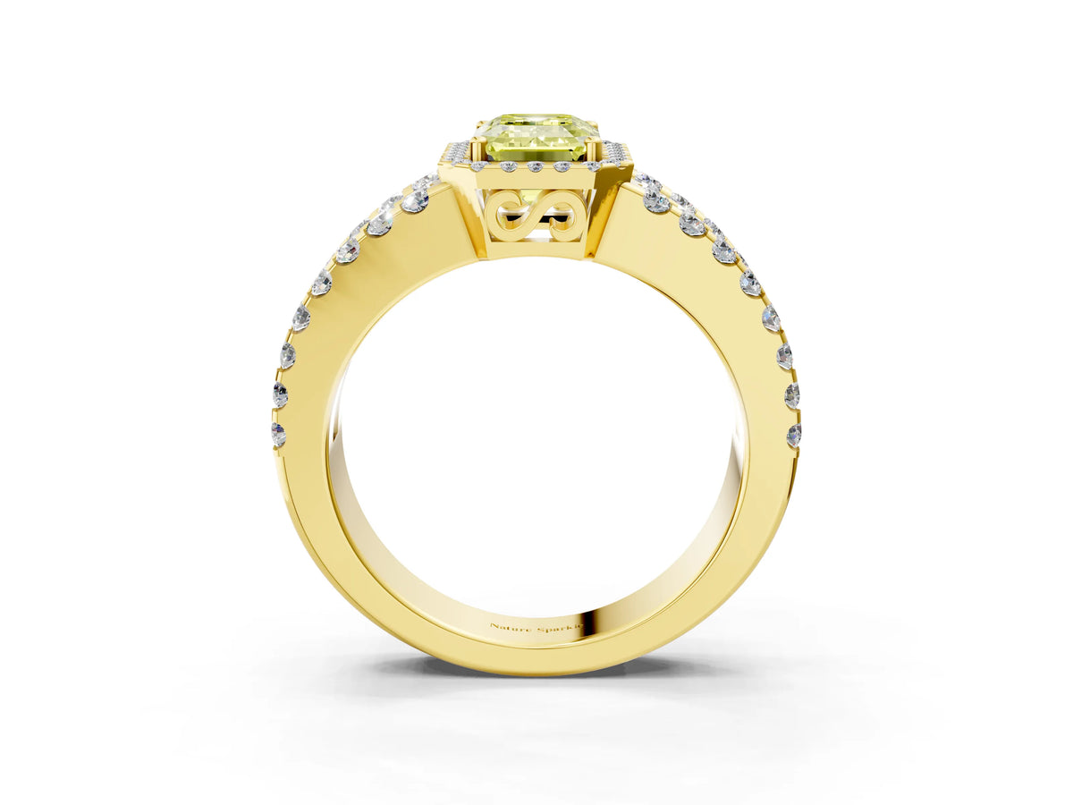 Fancy Yellow Emerald Cut Diamond Halo Ring in Yellow gold with Split Shank Band and Prong Setting_3