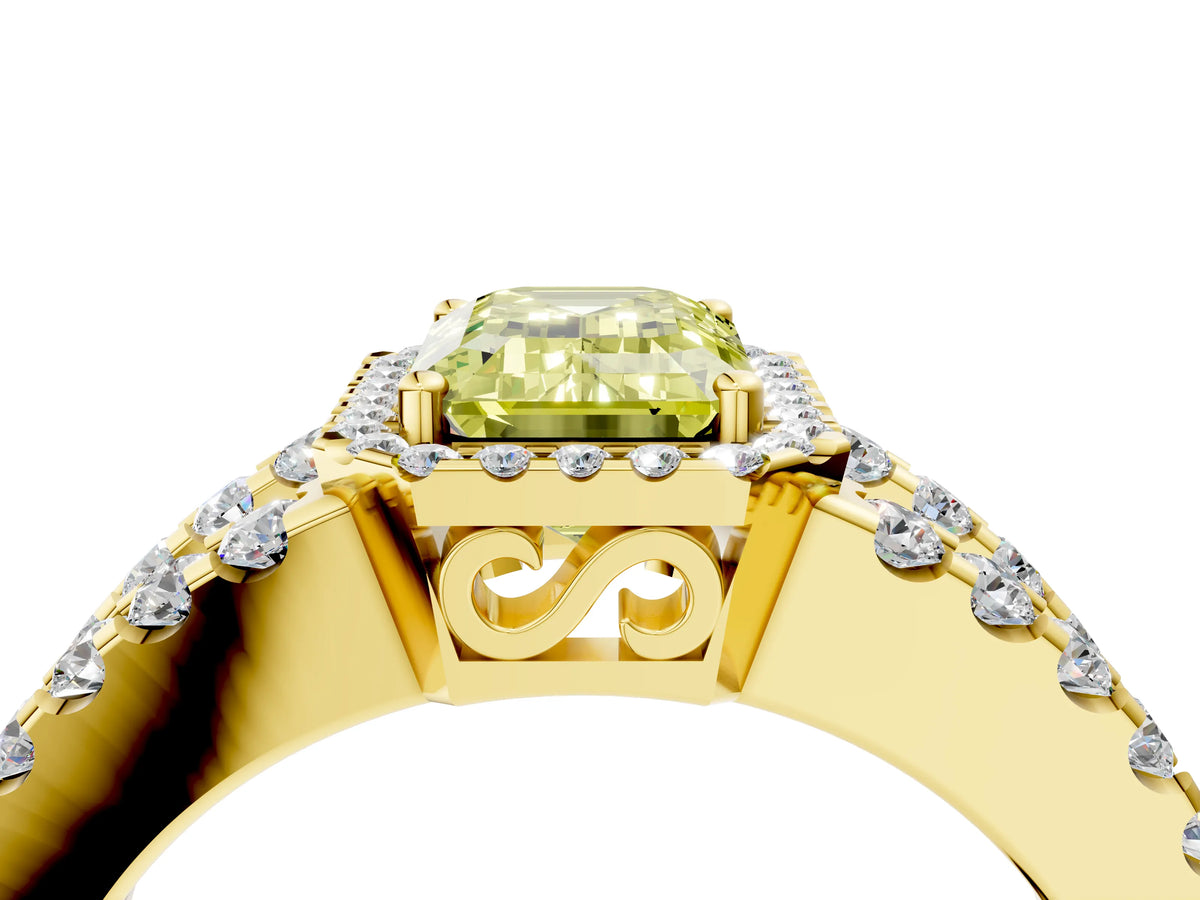 Fancy Yellow Emerald Cut Diamond Halo Ring in Yellow gold with Split Shank Band and Prong Setting_4