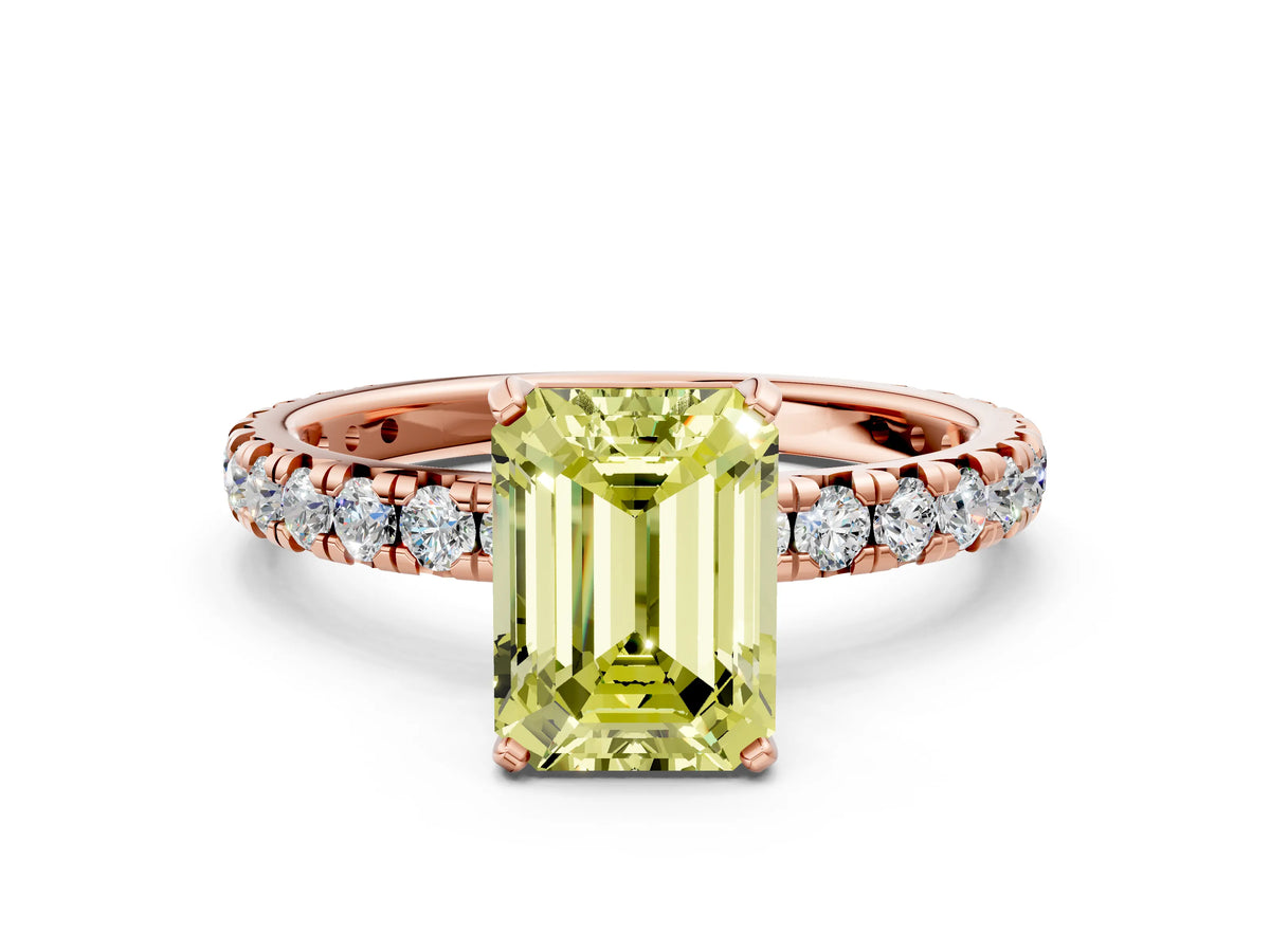 Fancy Yellow Emerald Cut Diamond Pavé Solitaire Ring in Rose gold with Round Pavé Band and Prong Setting