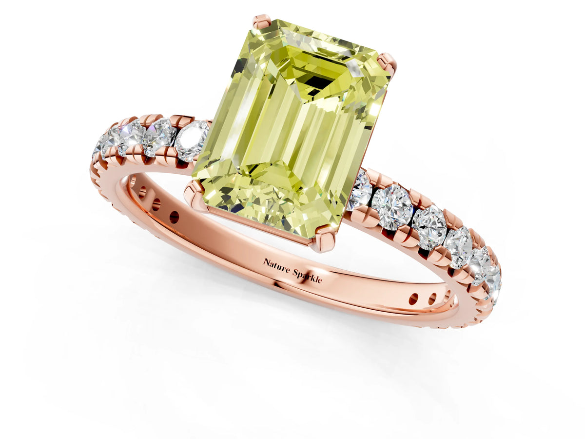 Fancy Yellow Emerald Cut Diamond Pavé Solitaire Ring in Rose gold with Round Pavé Band and Prong Setting_1