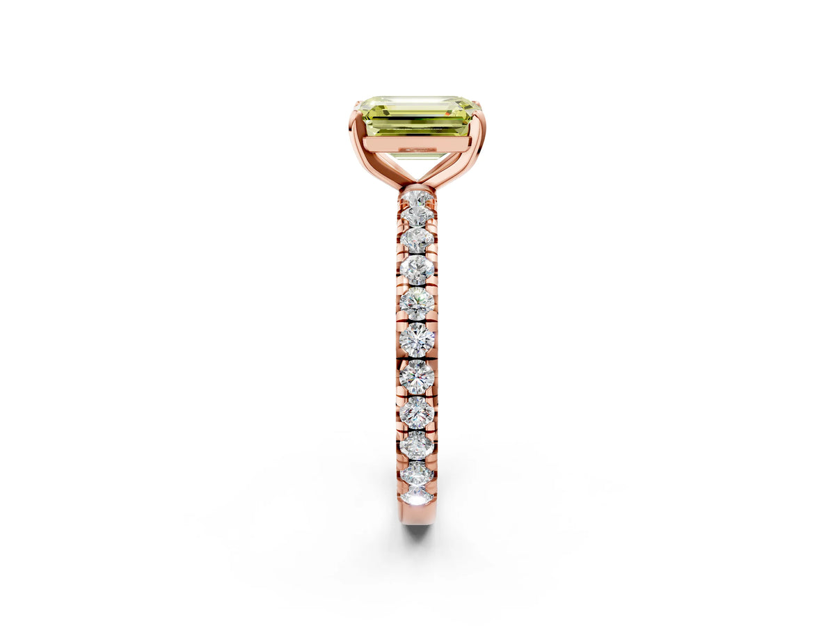 Fancy Yellow Emerald Cut Diamond Pavé Solitaire Ring in Rose gold with Round Pavé Band and Prong Setting_2