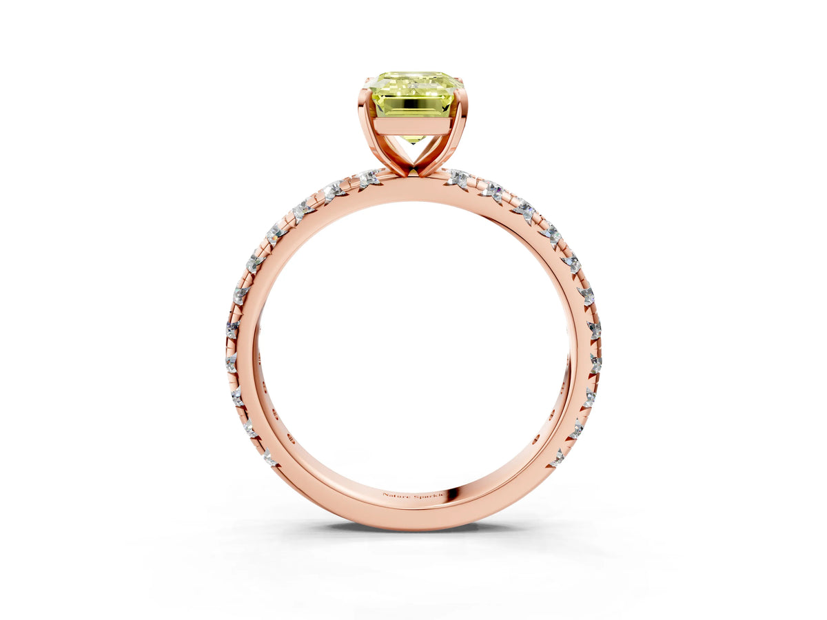 Fancy Yellow Emerald Cut Diamond Pavé Solitaire Ring in Rose gold with Round Pavé Band and Prong Setting_3