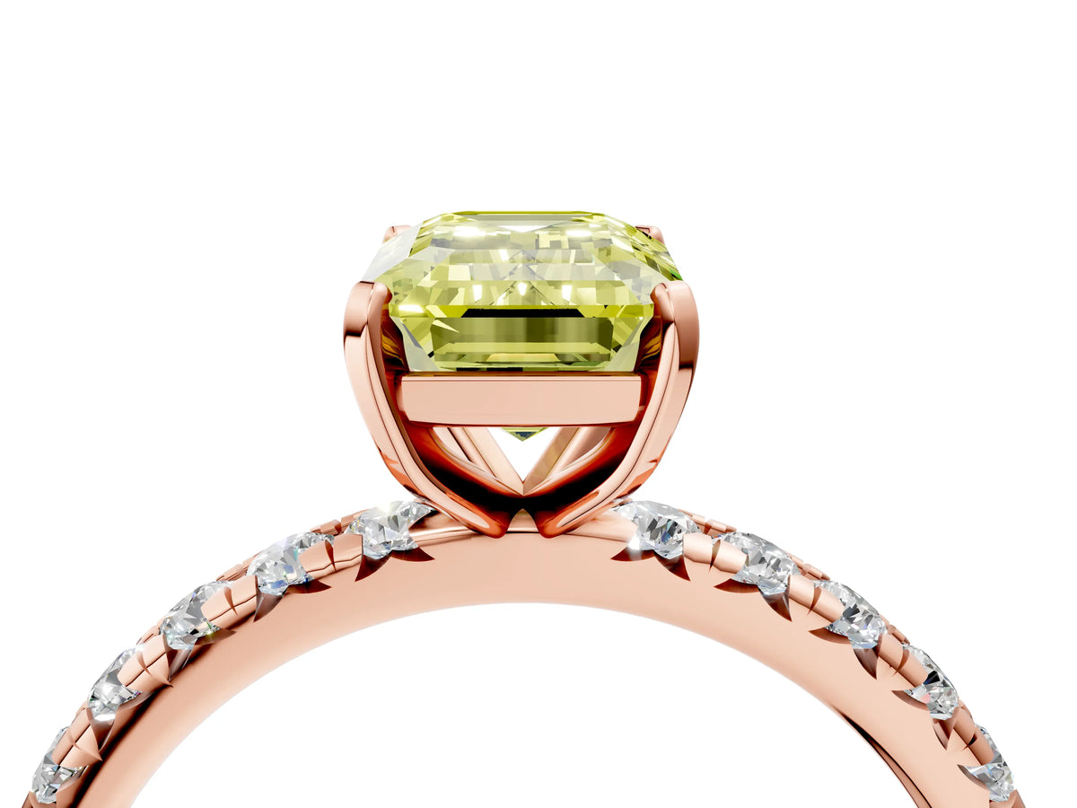 Fancy Yellow Emerald Cut Diamond Pavé Solitaire Ring in Rose gold with Round Pavé Band and Prong Setting_4