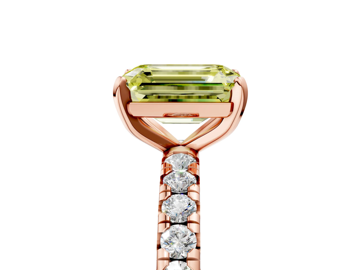 Fancy Yellow Emerald Cut Diamond Pavé Solitaire Ring in Rose gold with Round Pavé Band and Prong Setting_5