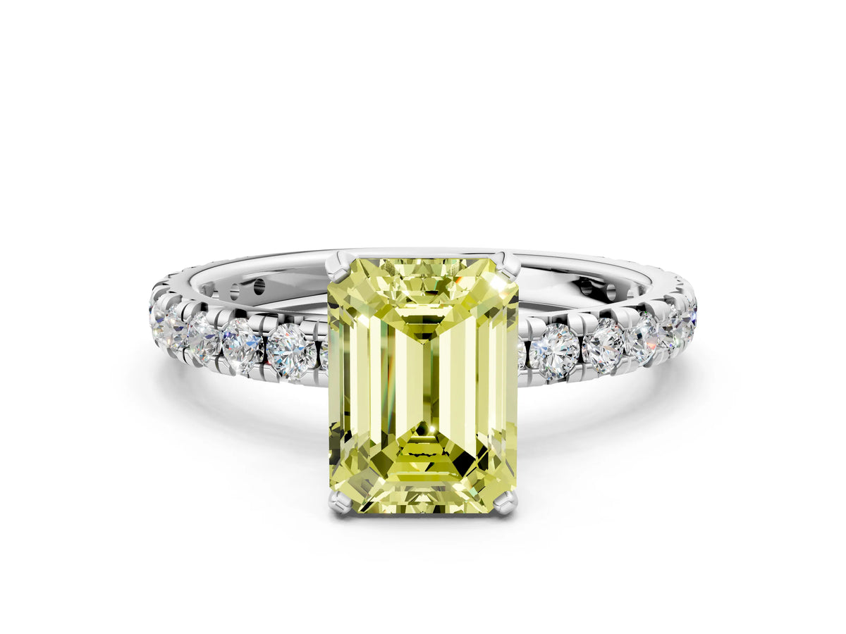 Fancy Yellow Emerald Cut Diamond Pavé Solitaire Ring in Silver with Round Pavé Band and Prong Setting