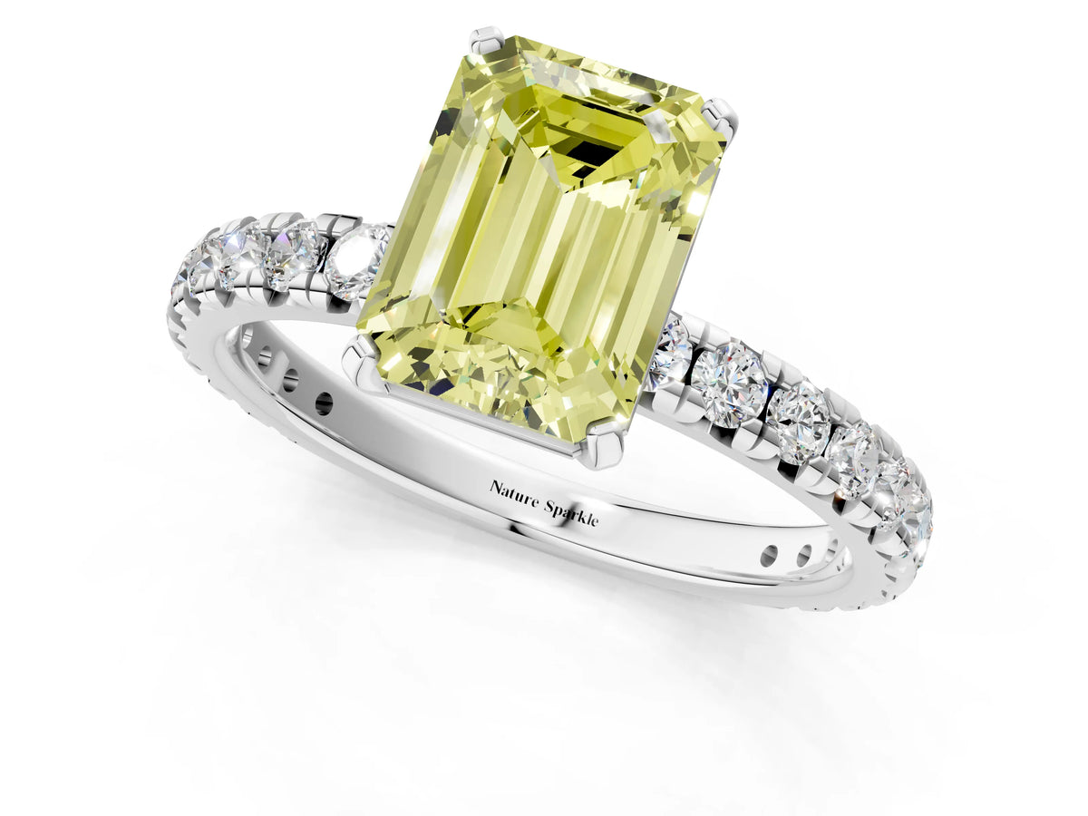 Fancy Yellow Emerald Cut Diamond Pavé Solitaire Ring in Silver with Round Pavé Band and Prong Setting_1