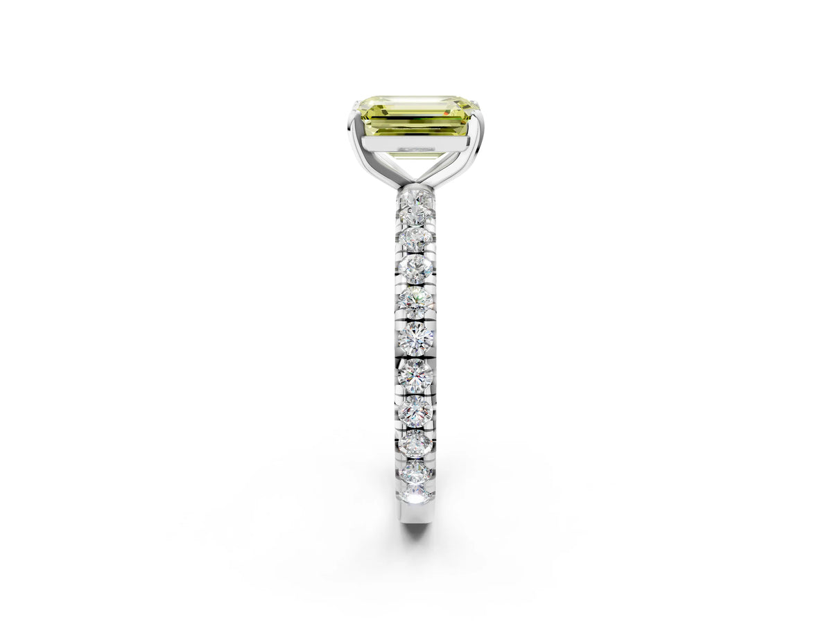 Fancy Yellow Emerald Cut Diamond Pavé Solitaire Ring in Silver with Round Pavé Band and Prong Setting_2