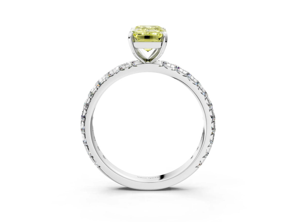 Fancy Yellow Emerald Cut Diamond Pavé Solitaire Ring in Silver with Round Pavé Band and Prong Setting_3