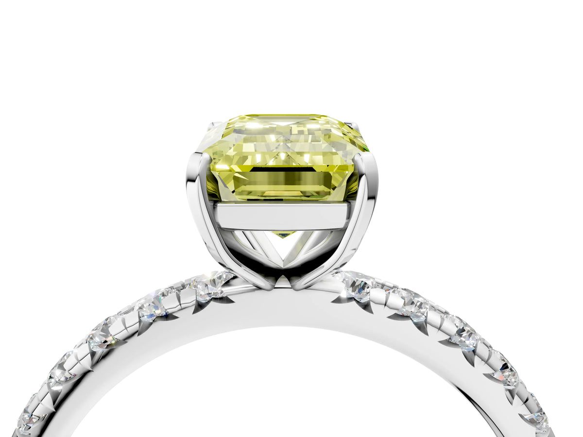Fancy Yellow Emerald Cut Diamond Pavé Solitaire Ring in Silver with Round Pavé Band and Prong Setting_4