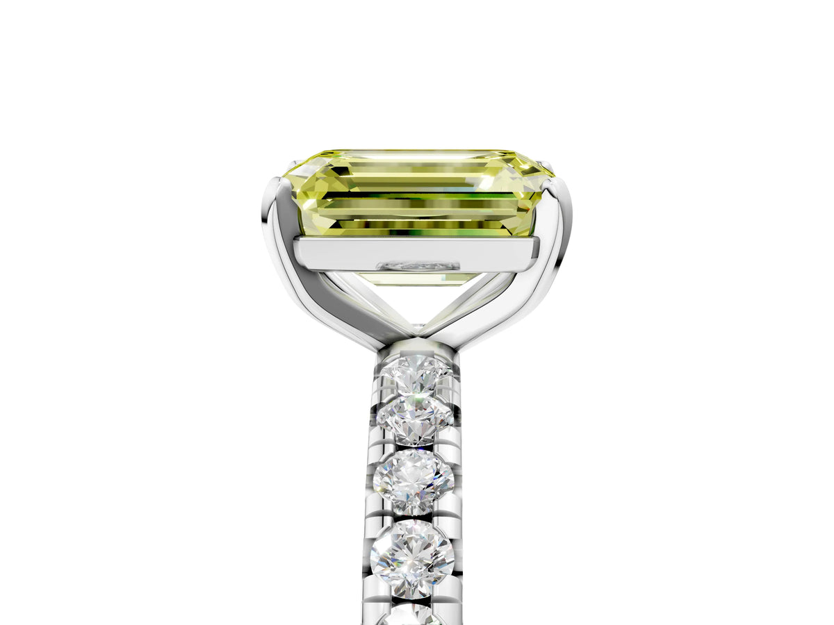 Fancy Yellow Emerald Cut Diamond Pavé Solitaire Ring in Silver with Round Pavé Band and Prong Setting_5