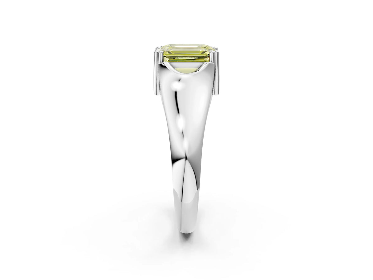 Fancy Yellow Emerald Cut Diamond Solitaire Ring in Platinum with Smooth Wide Band and Prong Setting_14