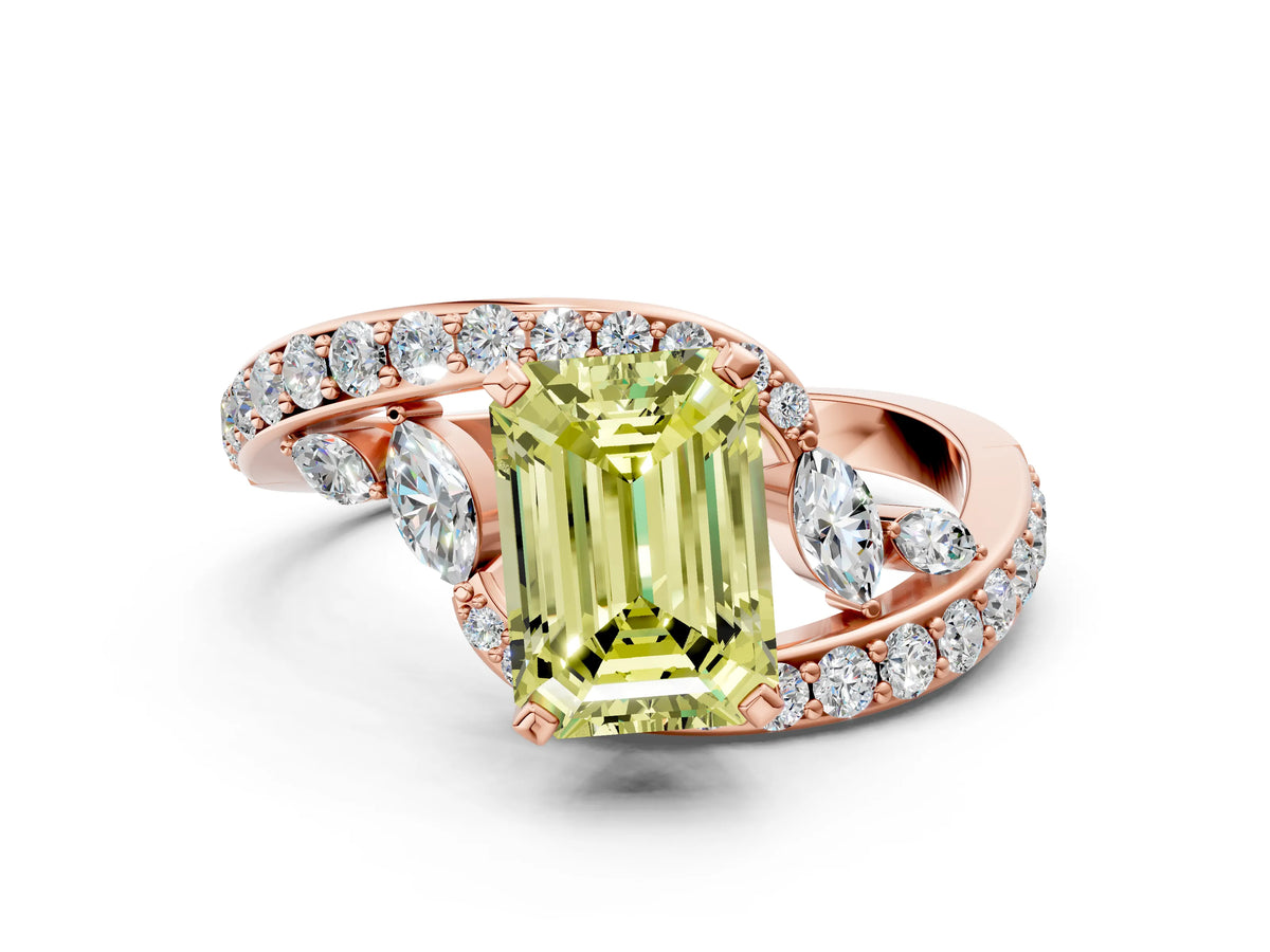 Fancy Yellow Emerald Cut Diamond Solitaire Ring in Rose gold with Pavé Twist Band and Prong Setting