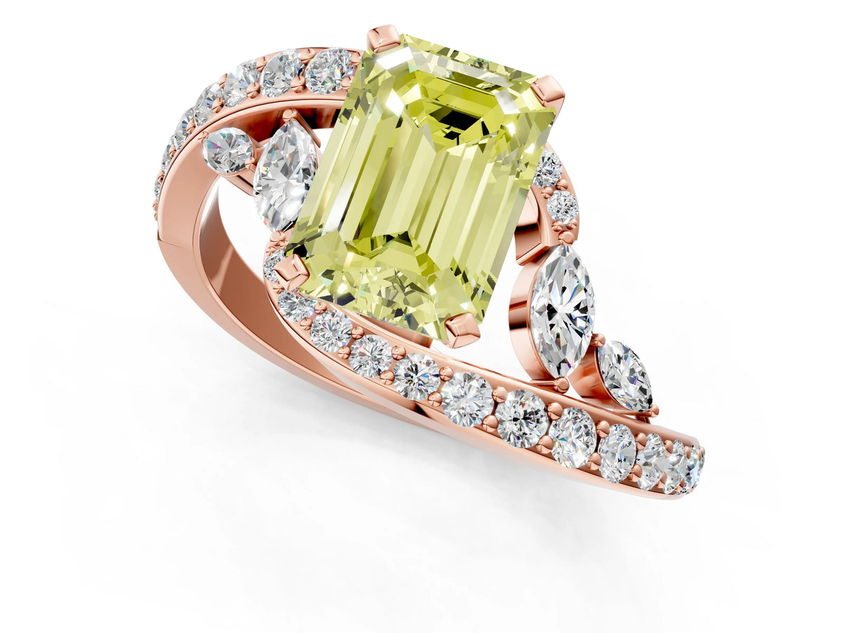 Fancy Yellow Emerald Cut Diamond Solitaire Ring in Rose gold with Pavé Twist Band and Prong Setting_1