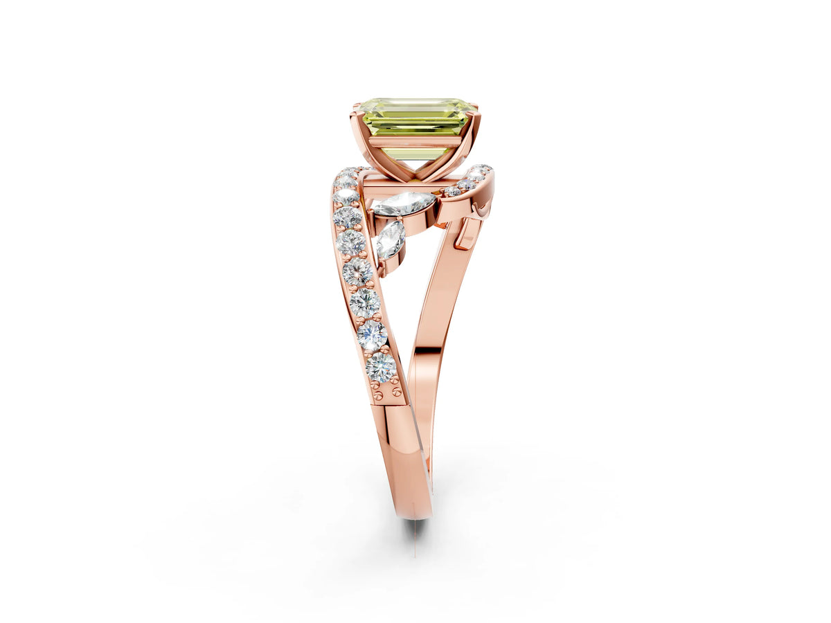 Fancy Yellow Emerald Cut Diamond Solitaire Ring in Rose gold with Pavé Twist Band and Prong Setting_2
