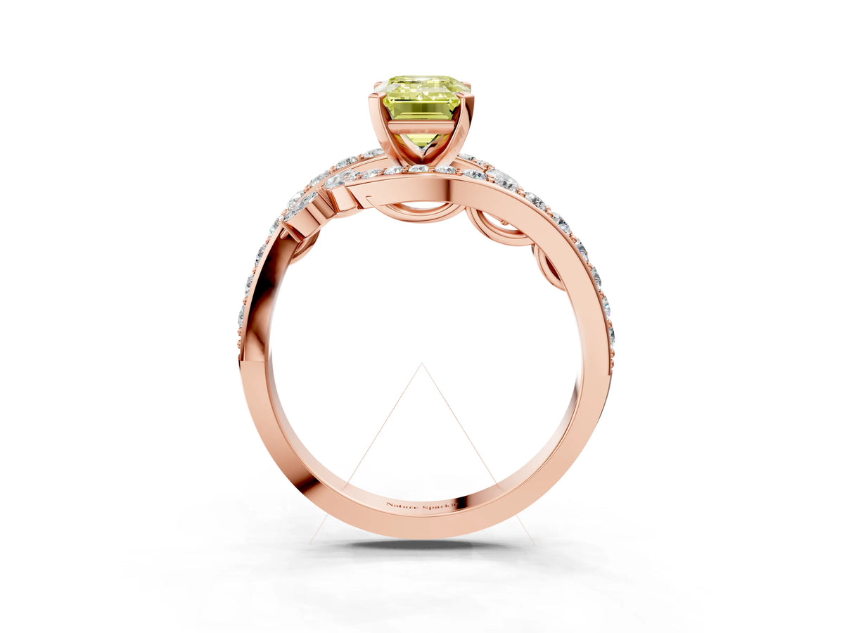 Fancy Yellow Emerald Cut Diamond Solitaire Ring in Rose gold with Pavé Twist Band and Prong Setting_3