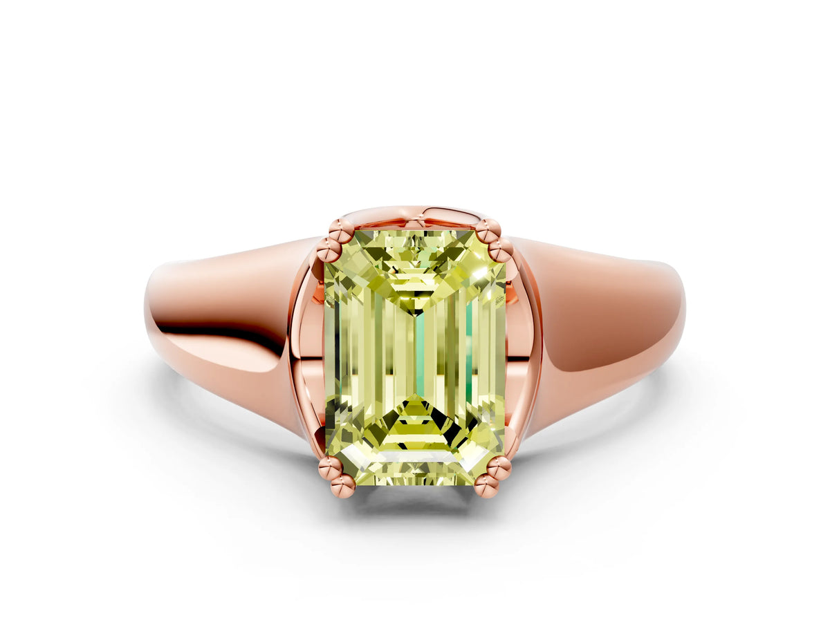 Fancy Yellow Emerald Cut Diamond Solitaire Ring in Rose gold with Smooth Wide Band and Prong Setting