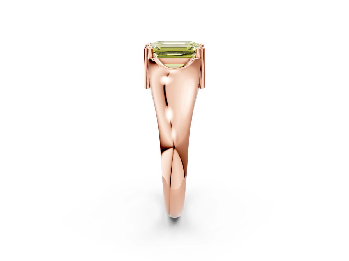 Fancy Yellow Emerald Cut Diamond Solitaire Ring in Rose gold with Smooth Wide Band and Prong Setting_2