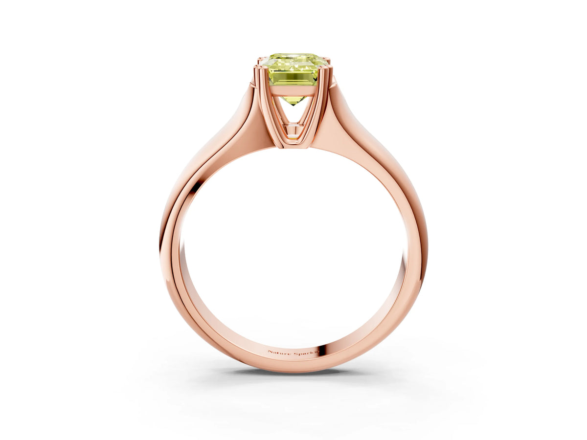 Fancy Yellow Emerald Cut Diamond Solitaire Ring in Rose gold with Smooth Wide Band and Prong Setting_3