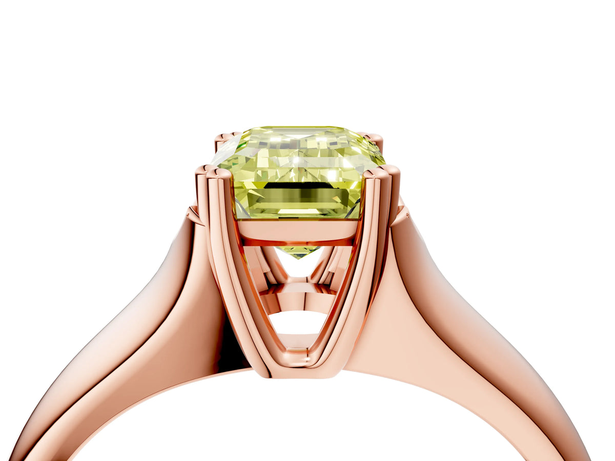 Fancy Yellow Emerald Cut Diamond Solitaire Ring in Rose gold with Smooth Wide Band and Prong Setting_4