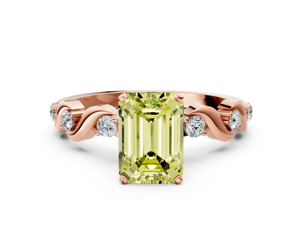 Fancy Yellow Emerald Cut Diamond Solitaire Ring in Rose gold with Twisted Ribbon Band and Round Accents