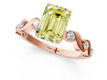 Fancy Yellow Emerald Cut Diamond Solitaire Ring in Rose gold with Twisted Ribbon Band and Round Accents_1