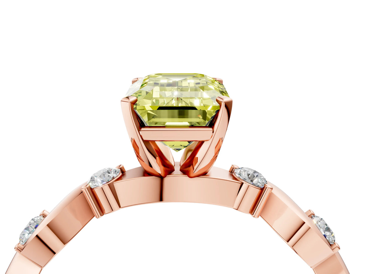 Fancy Yellow Emerald Cut Diamond Solitaire Ring in Rose gold with Twisted Ribbon Band and Round Accents_4