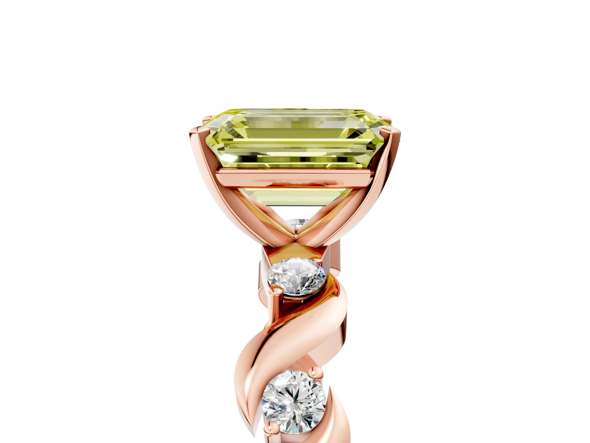 Fancy Yellow Emerald Cut Diamond Solitaire Ring in Rose gold with Twisted Ribbon Band and Round Accents_5