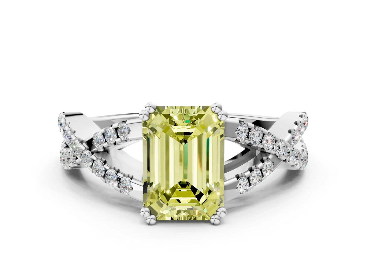 Fancy Yellow Emerald Cut Diamond Solitaire Ring in Silver with Interwoven Pavé Band and Prong Setting_6