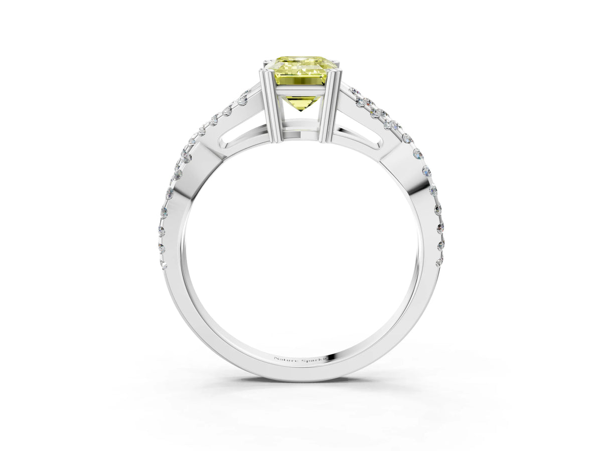 Fancy Yellow Emerald Cut Diamond Solitaire Ring in Silver with Interwoven Pavé Band and Prong Setting_9
