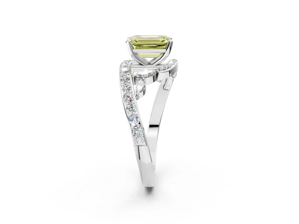 Fancy Yellow Emerald Cut Diamond Solitaire Ring in Silver with Pavé Twist Band and Prong Setting_8