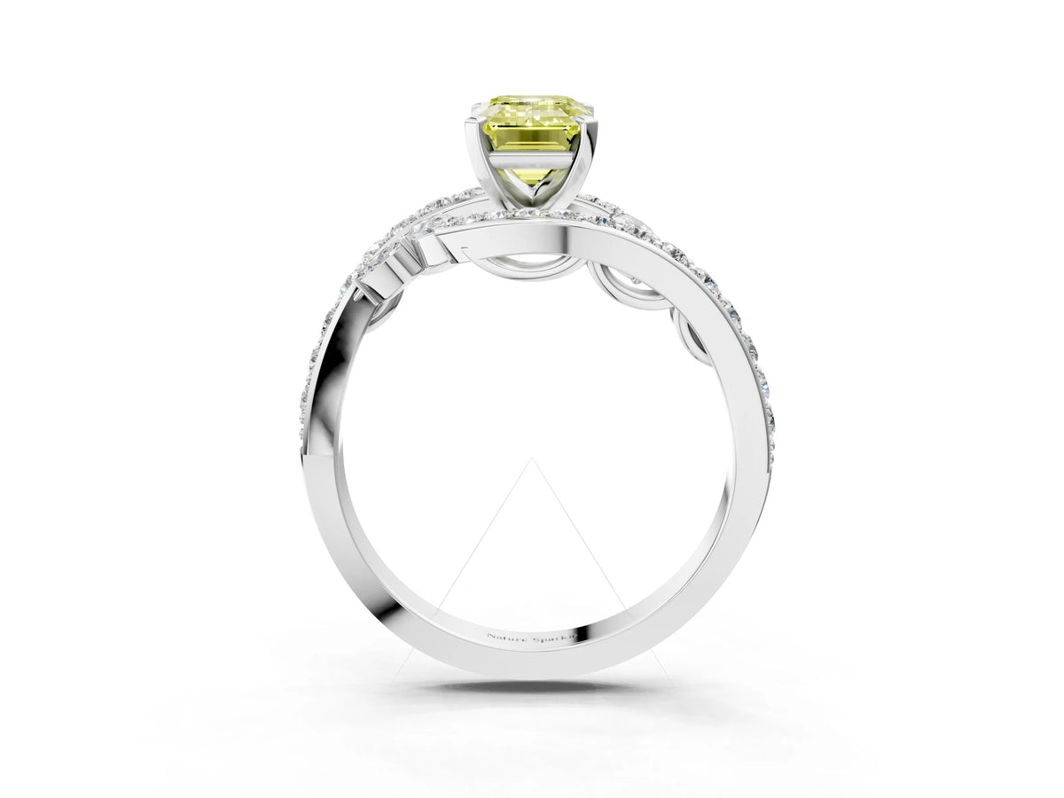 Fancy Yellow Emerald Cut Diamond Solitaire Ring in Silver with Pavé Twist Band and Prong Setting_9