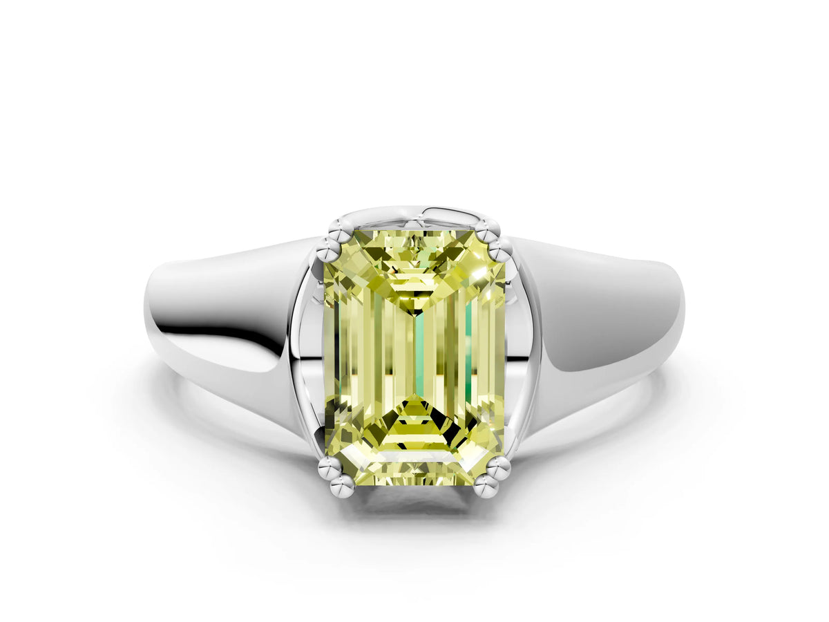 Fancy Yellow Emerald Cut Diamond Solitaire Ring in Silver with Smooth Wide Band and Prong Setting_12