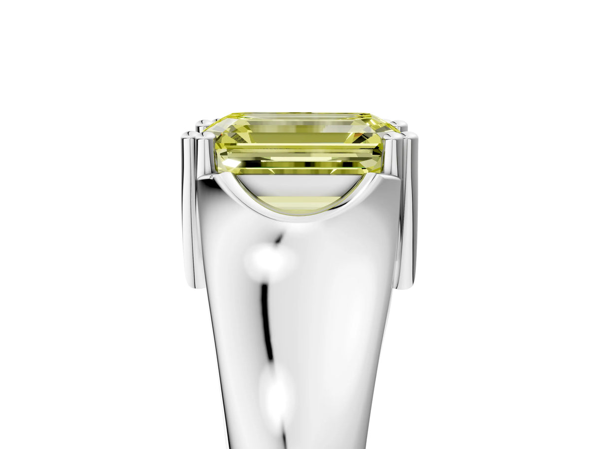 Fancy Yellow Emerald Cut Diamond Solitaire Ring in Silver with Smooth Wide Band and Prong Setting_17