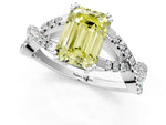 Fancy Yellow Emerald Cut Diamond Solitaire Ring in White gold with Interwoven Pavé Band and Prong Setting_1