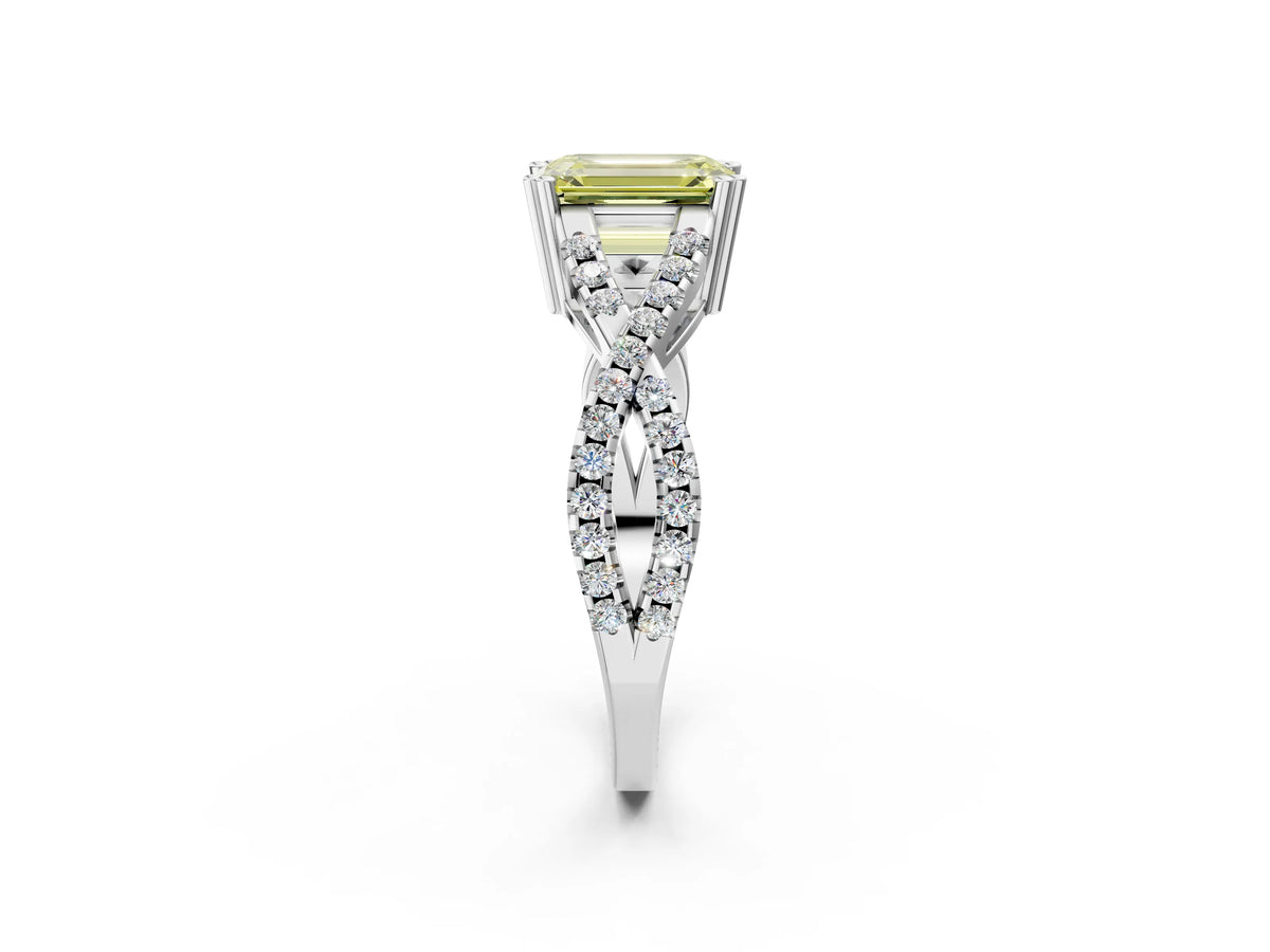 Fancy Yellow Emerald Cut Diamond Solitaire Ring in White gold with Interwoven Pavé Band and Prong Setting_2