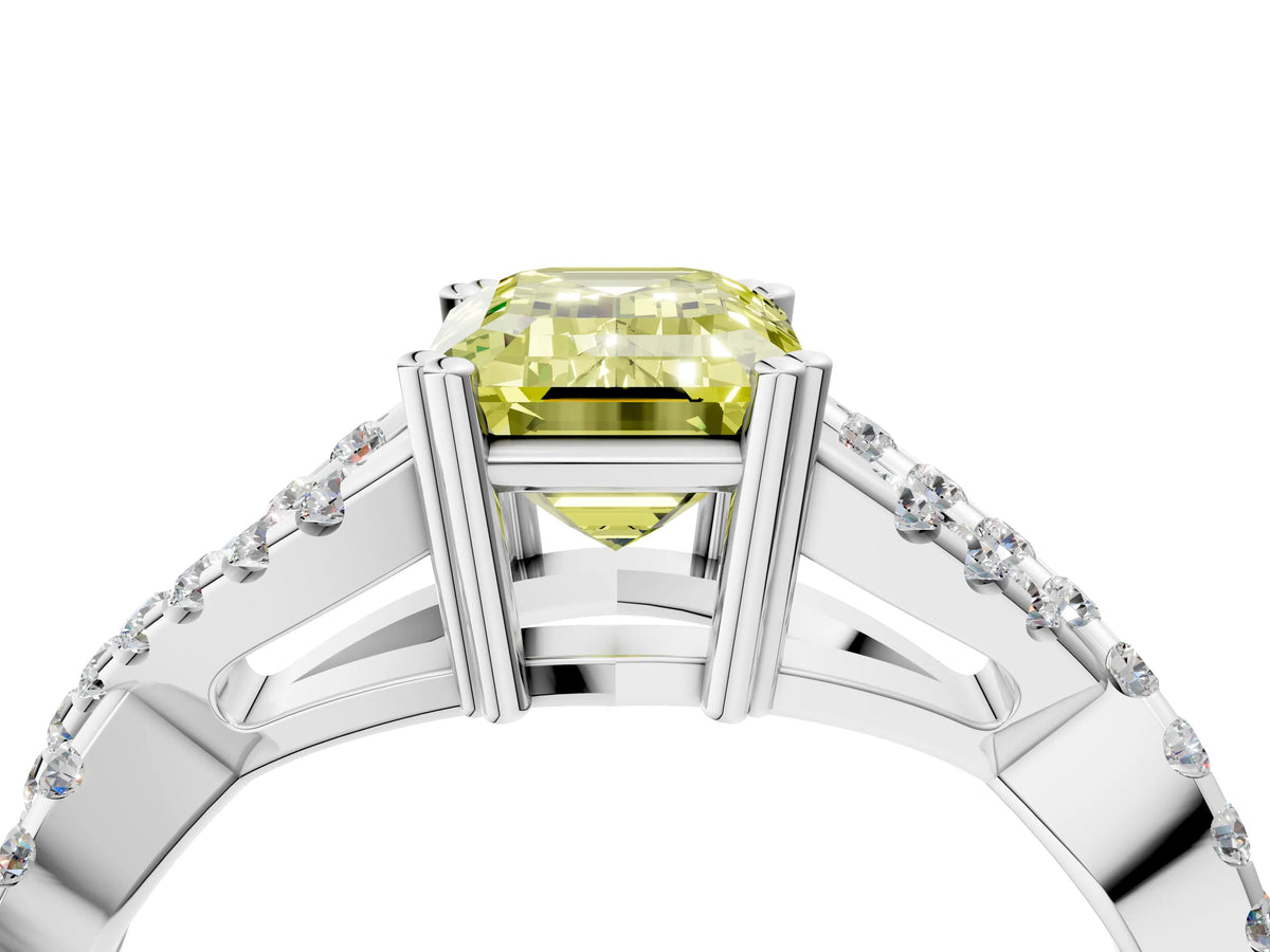 Fancy Yellow Emerald Cut Diamond Solitaire Ring in White gold with Interwoven Pavé Band and Prong Setting_4