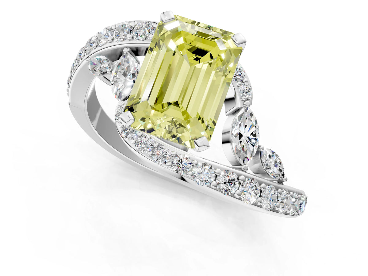 Fancy Yellow Emerald Cut Diamond Solitaire Ring in White gold with Pavé Twist Band and Prong Setting_1