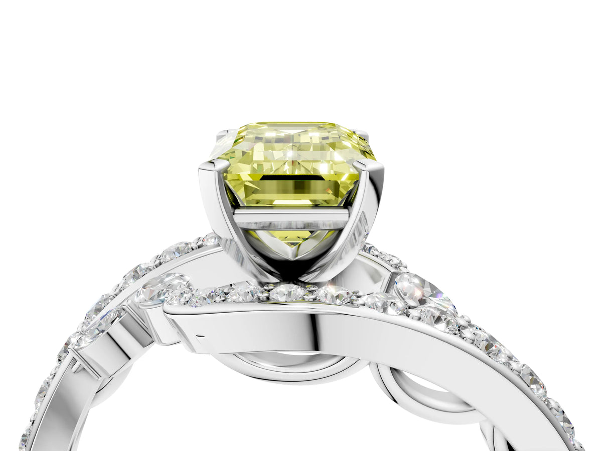 Fancy Yellow Emerald Cut Diamond Solitaire Ring in White gold with Pavé Twist Band and Prong Setting_4