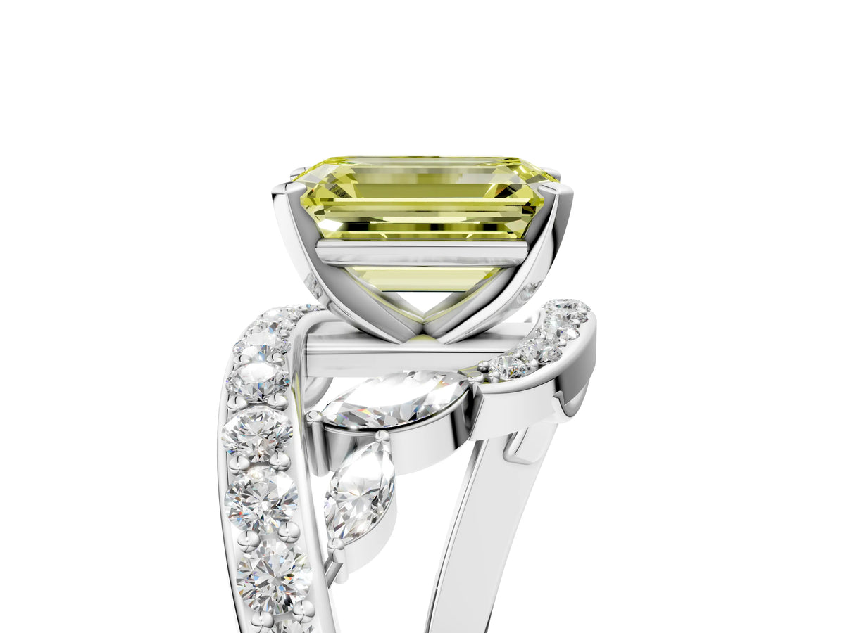 Fancy Yellow Emerald Cut Diamond Solitaire Ring in White gold with Pavé Twist Band and Prong Setting_5