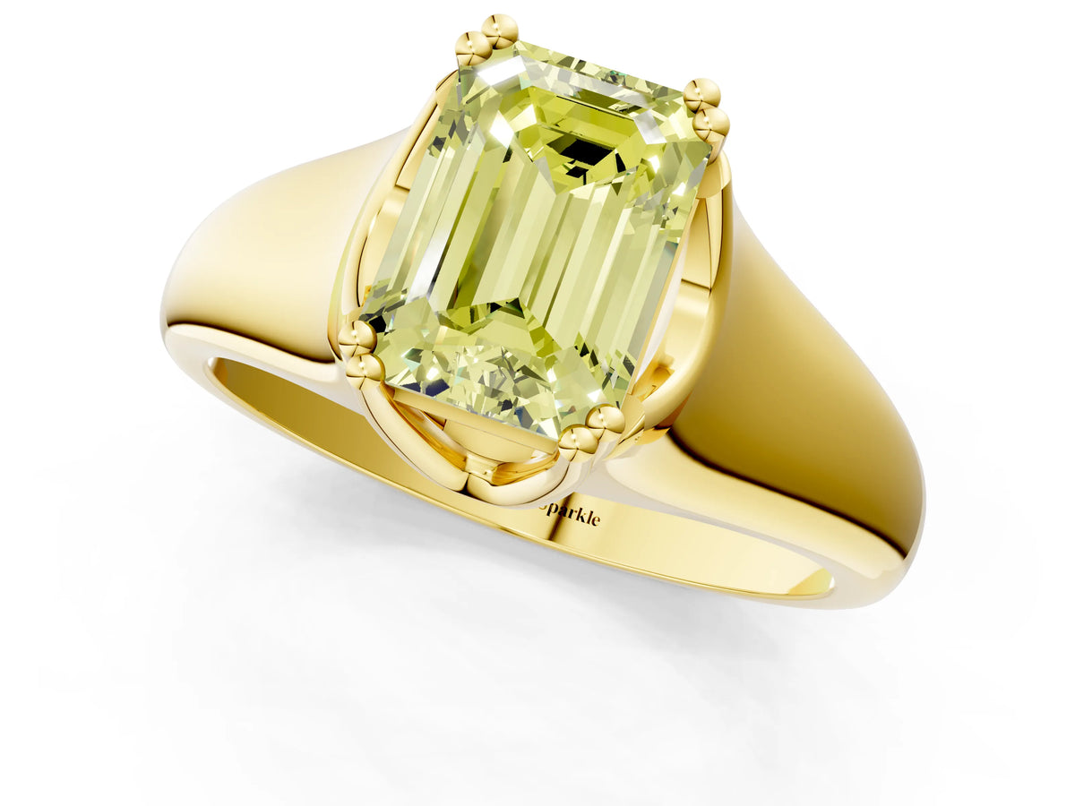 Fancy Yellow Emerald Cut Diamond Solitaire Ring in Yellow gold with Smooth Wide Band and Prong Setting_1