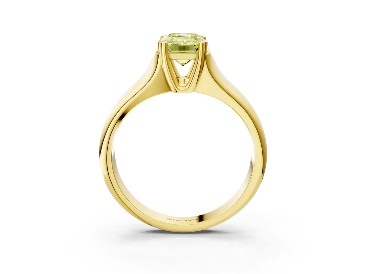Fancy Yellow Emerald Cut Diamond Solitaire Ring in Yellow gold with Smooth Wide Band and Prong Setting_3