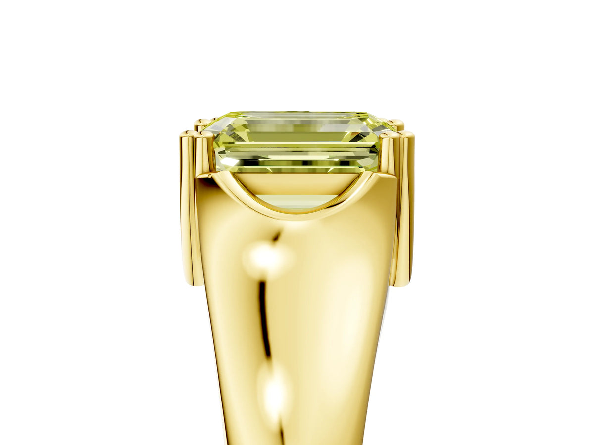 Fancy Yellow Emerald Cut Diamond Solitaire Ring in Yellow gold with Smooth Wide Band and Prong Setting_5