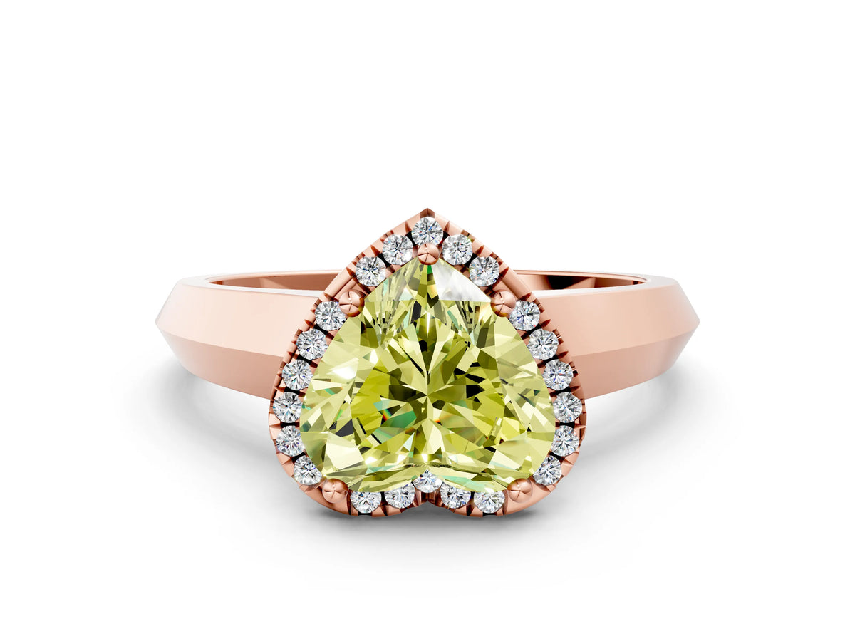 Fancy Yellow Heart Cut Diamond Halo Ring in Rose gold with Cathedral Band and Prong Setting