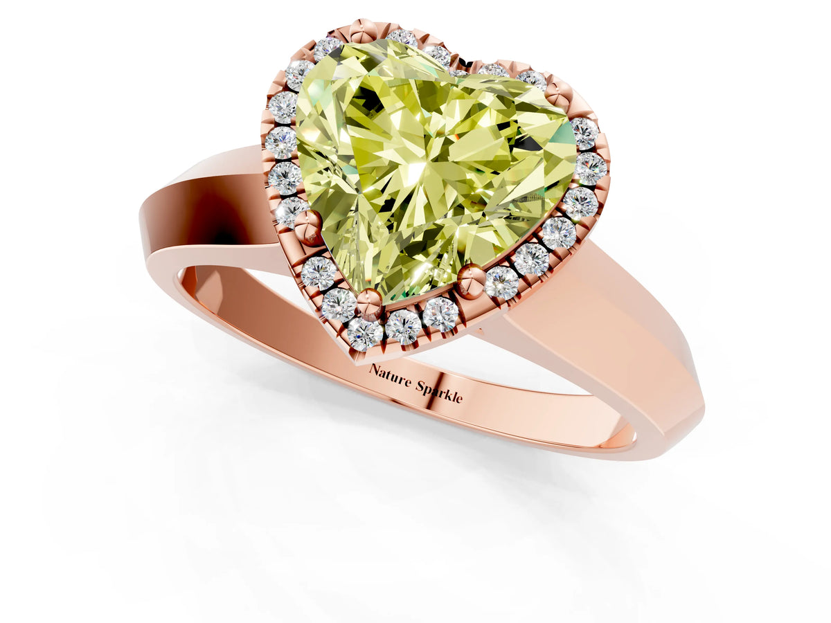 Fancy Yellow Heart Cut Diamond Halo Ring in Rose gold with Cathedral Band and Prong Setting_1